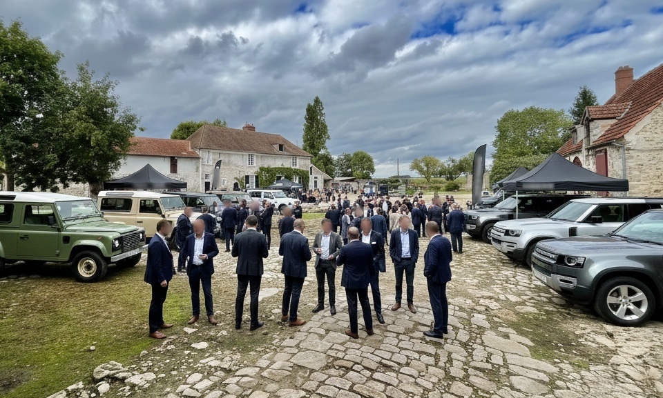 Événement professionnel de prestige à la Ferme de La Forêt en Essonne avec exposition de véhicules tout-terrain, tentes de réception et invités dans la cour du domaine.
