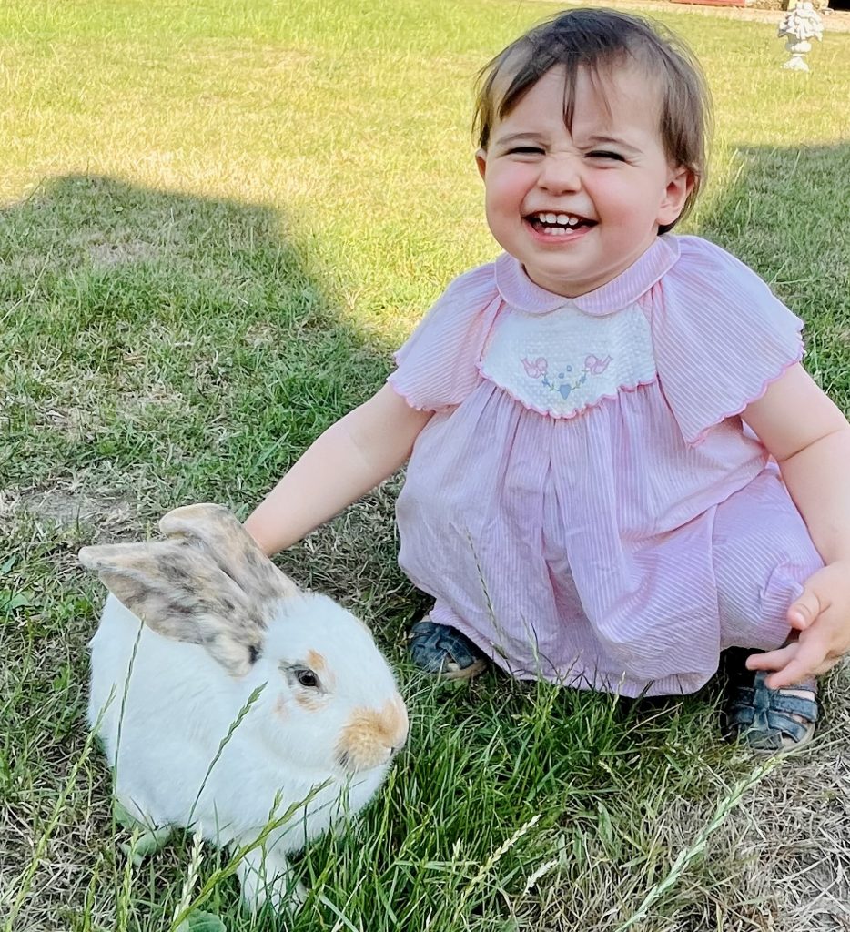 Petite fille caressant un lapin calme à la Ferme de La Forêt en Essonne (91)